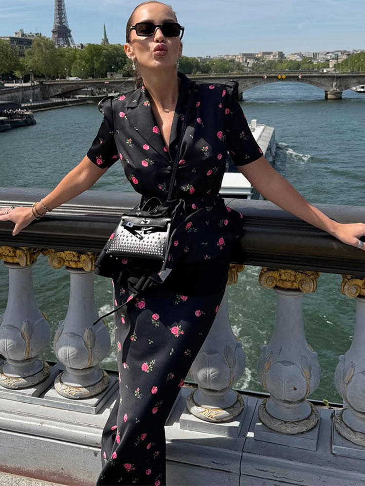 Women'S Fashion Trends Spring 2026 - Blumenmuster Blazer-Mantel-Rock-Sets für Damen, Eleganter Revers-Kurzarm-Einreiher-Mantel