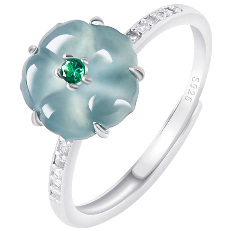 Women Fashion Rings - Blaue Burmesische Jadeit-Blumenringe 925 Silber Natürlicher