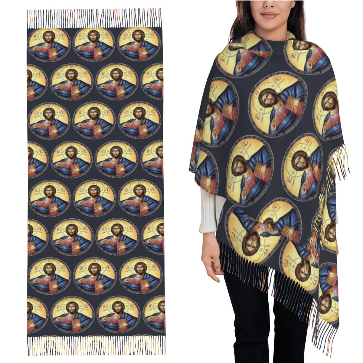 Women Fashion Icon - Christ Pantocrator Orthodox Icon Schal Quastenschals